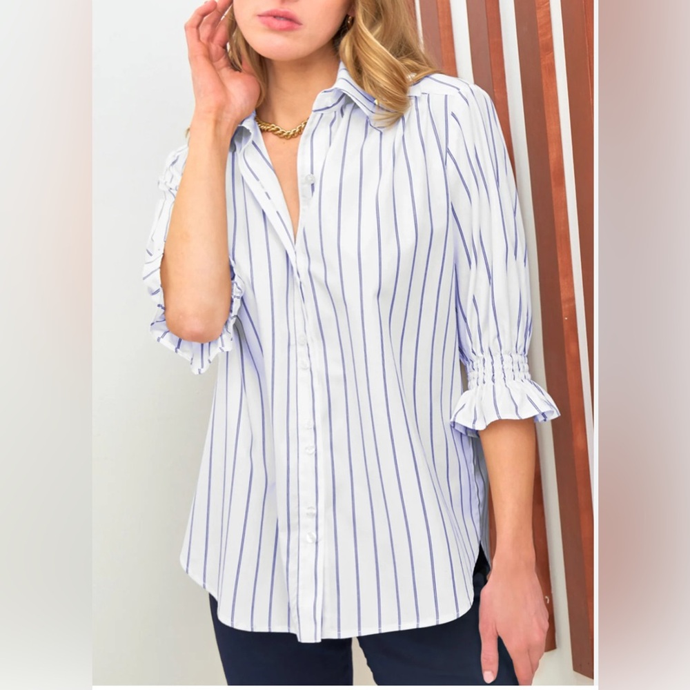 Finley Sirena White blue striped Button Front Blouse Puffed Sleeves New $245